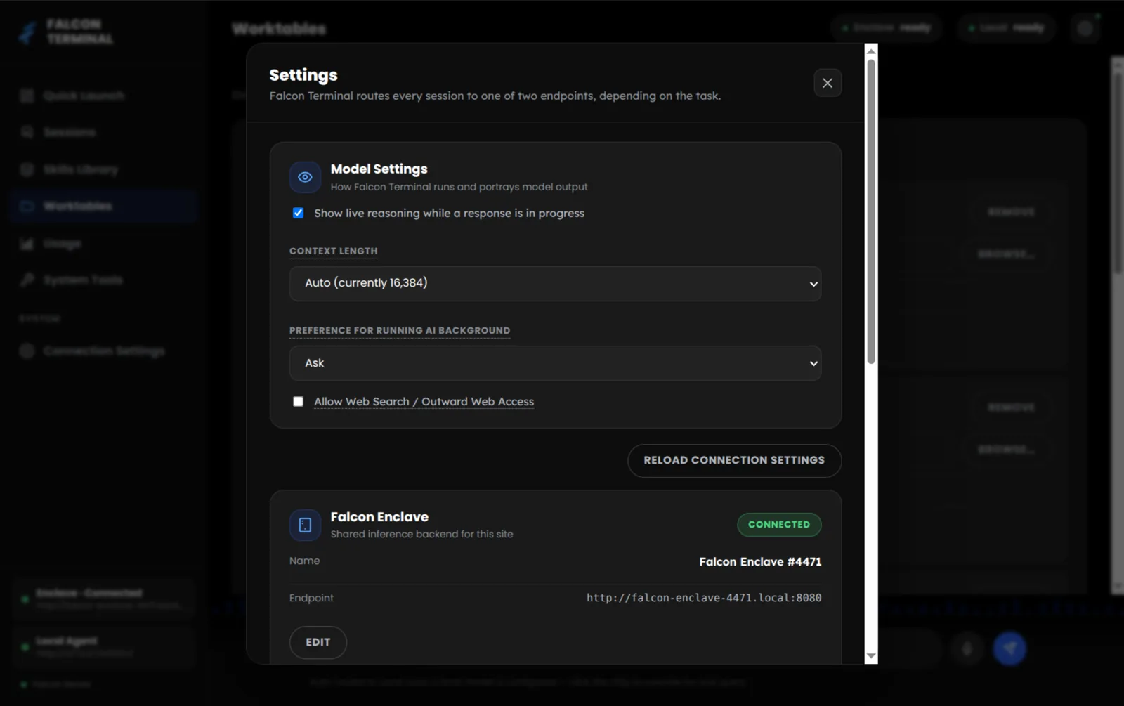 Falcon Terminal Model Settings with a live reasoning toggle, automatic context length, background AI preference, web access turned off by default, and a connected Falcon AI Enclave.