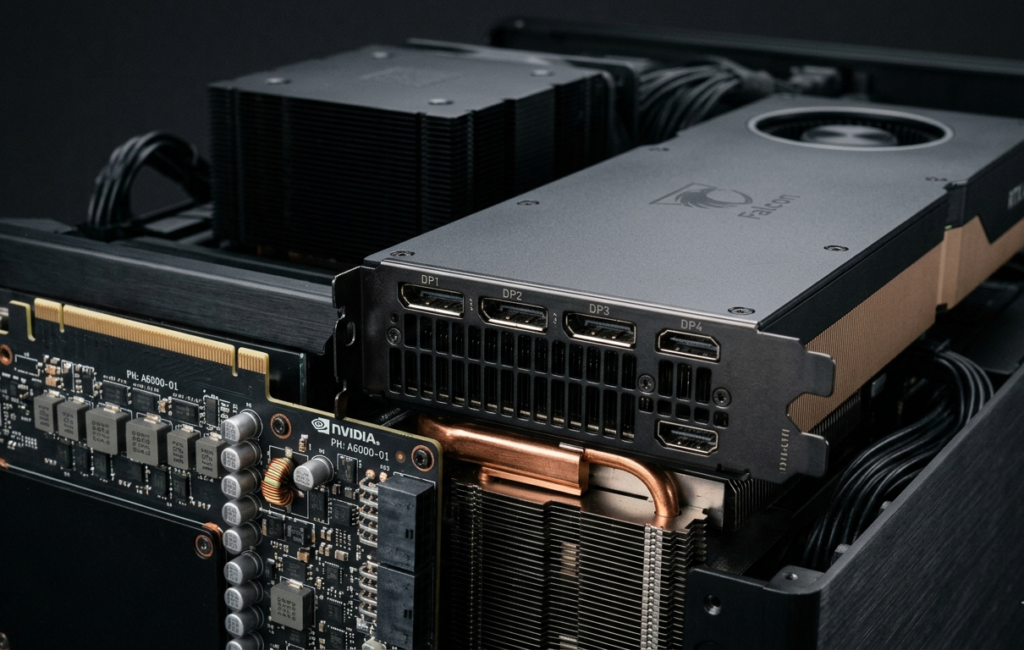A close-up view of a professional workstation GPU with multiple DisplayPort outputs inside a Falcon trading computer.