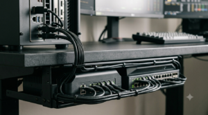 Choosing internet speed for day trading. Close-up of organized ethernet cable connections into high-performance networking gear below a professional Falcon trading workstation.