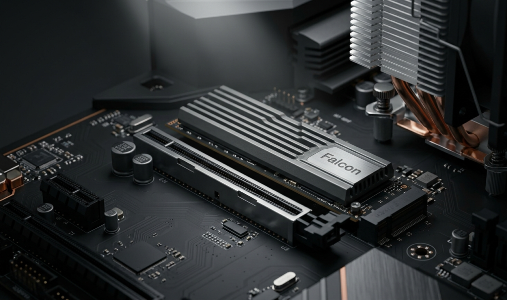 Close-up of a Falcon high-performance M.2 NVMe SSD with a custom heatsink installed on a black motherboard, showing industrial design and reliability.
