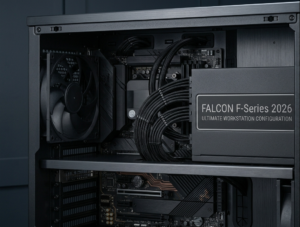 A close-up view inside a Falcon chassis showing a premium power supply unit with exposed high-quality Japanese capacitors and clean 12V rail architecture.