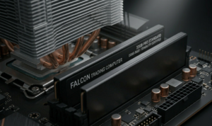 Macro product photograph focusing on high-speed DDR5 RAM modules installed on a professional matte-black motherboard.