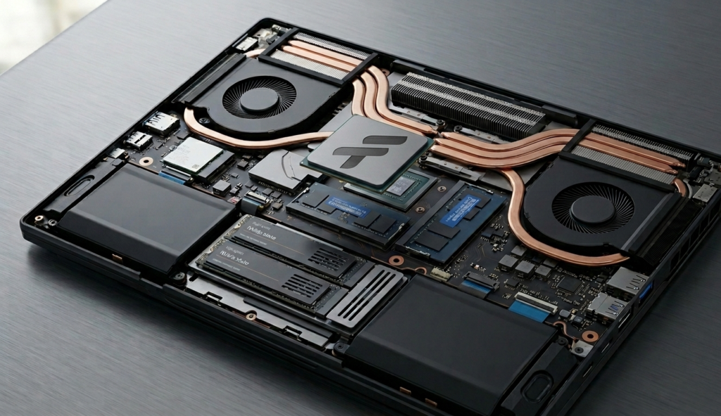 Close-up of the internal hardware of a custom-built Falcon trading laptop, highlighting the processor, advanced copper cooling system, and high-performance components.