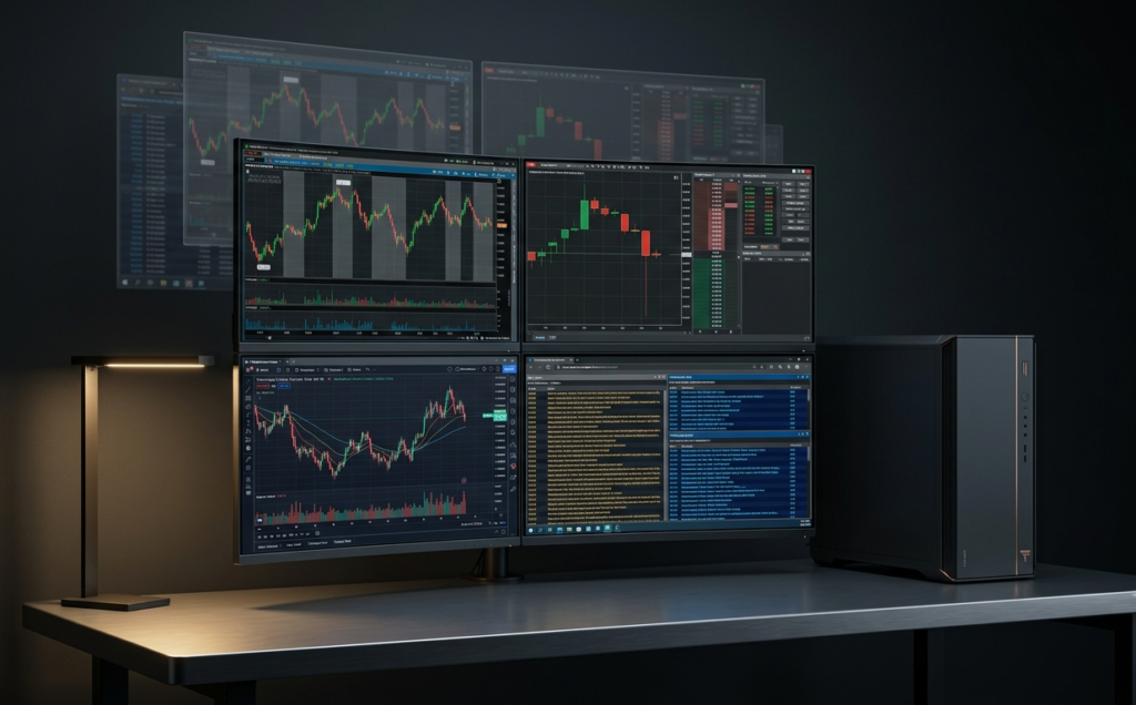 Virtual desktops trading" guide. Visually illustrates physical monitor layouts combined with conceptual virtual workflow layers.