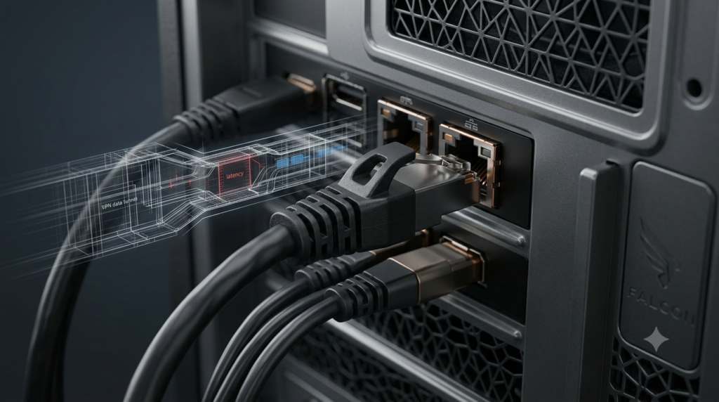 Answering the question, do you need a VPN for Trading. Close-up of a secure, hardwired ethernet connection on a Falcon trading computer, contrasted with a conceptual visualization of a slow VPN tunnel in the background.