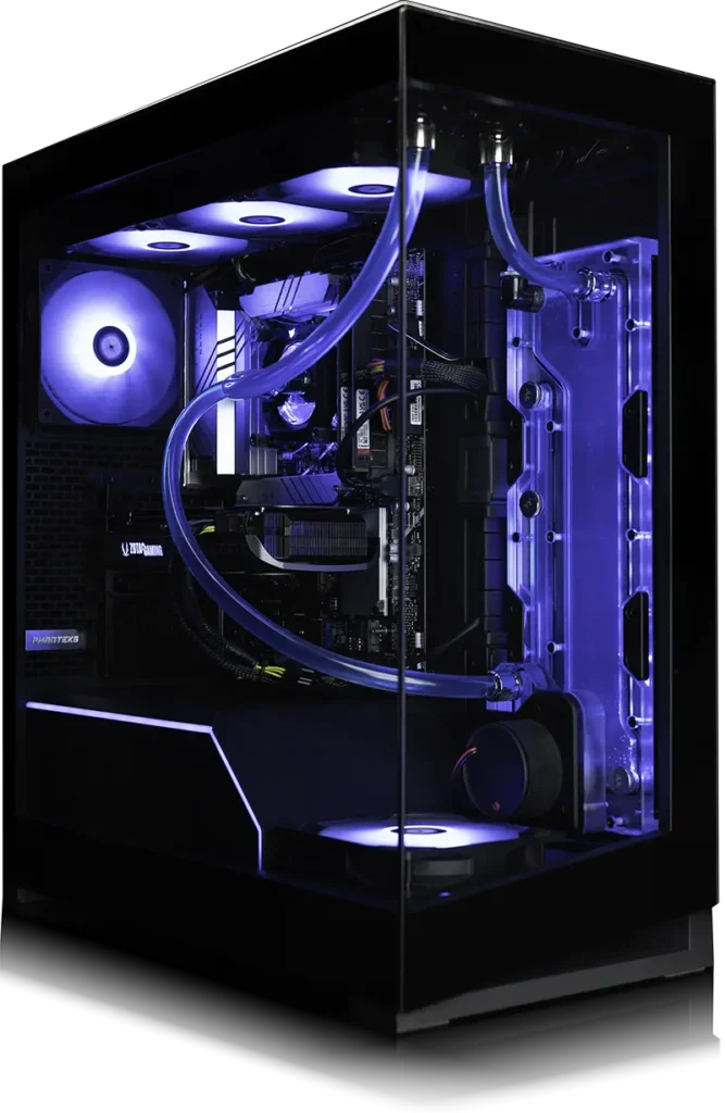 Falcon F-1 Trading System uses custom liquid cooling with 1,000 L/hr D5 pump. Premium copper/nickel loop.