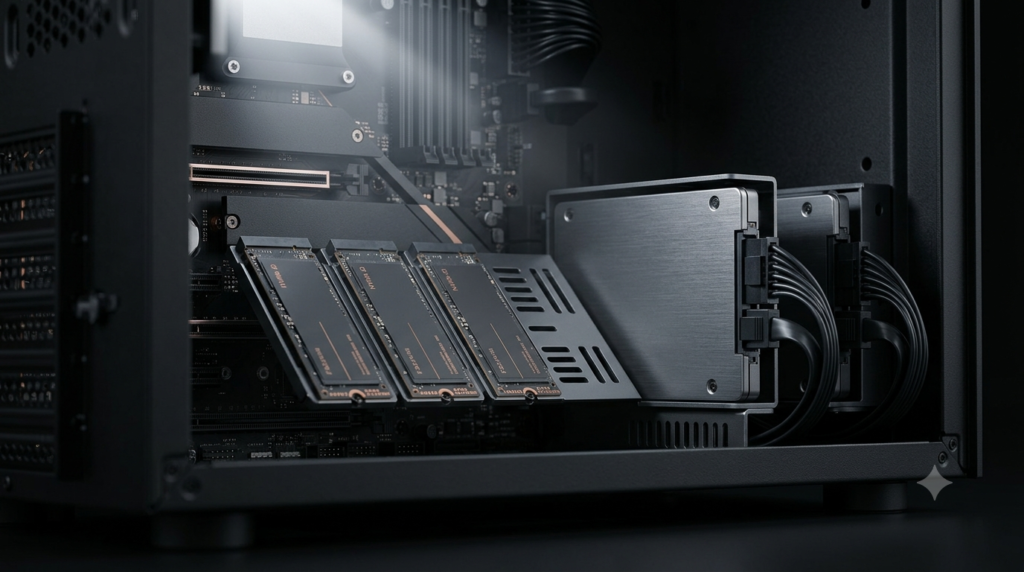 Close-up of high-performance NVMe SSD storage slots on a matte black motherboard inside a trading computer.