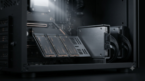 Close-up of high-performance NVMe SSD storage slots on a matte black motherboard inside a trading computer.