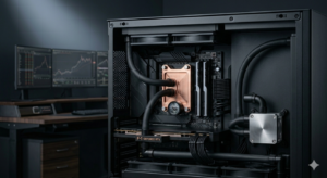 Interior view of a Falcon F-1 trading computer with custom liquid cooling lines and copper water block next to a multi-monitor trading workstation.