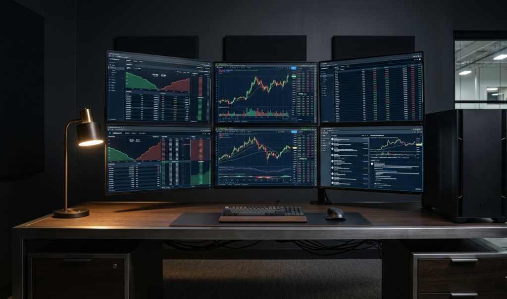 Crypto Trading Computer Buyer's Guide 2026 Multi-monitor Falcon trading workstation with four displays showing real-time cryptocurrency candlestick charts and dashboards on a dark professional desk.