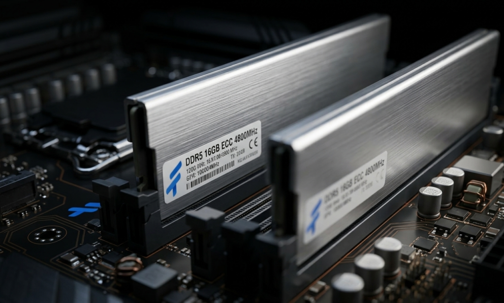 DDR5 RAM modules with brushed aluminum heat spreaders installed in a trading computer motherboard.