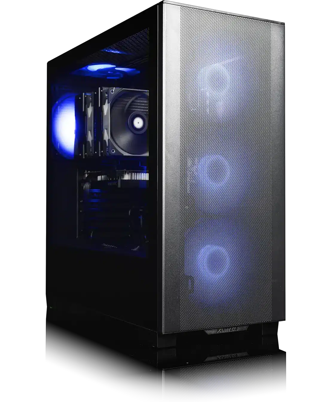 Falcon Preferred F-52 Trading Computer - Professional stock trading desktop tower with blue LED cooling fans, mesh front panel, and high-performance components for day trading and multi-monitor setups.