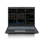 Falcon F-25a AMD Trading Laptop displaying a professional multi-chart stock trading setup with technical analysis, candlestick charts, and a backlit keyboard for high-performance day trading.