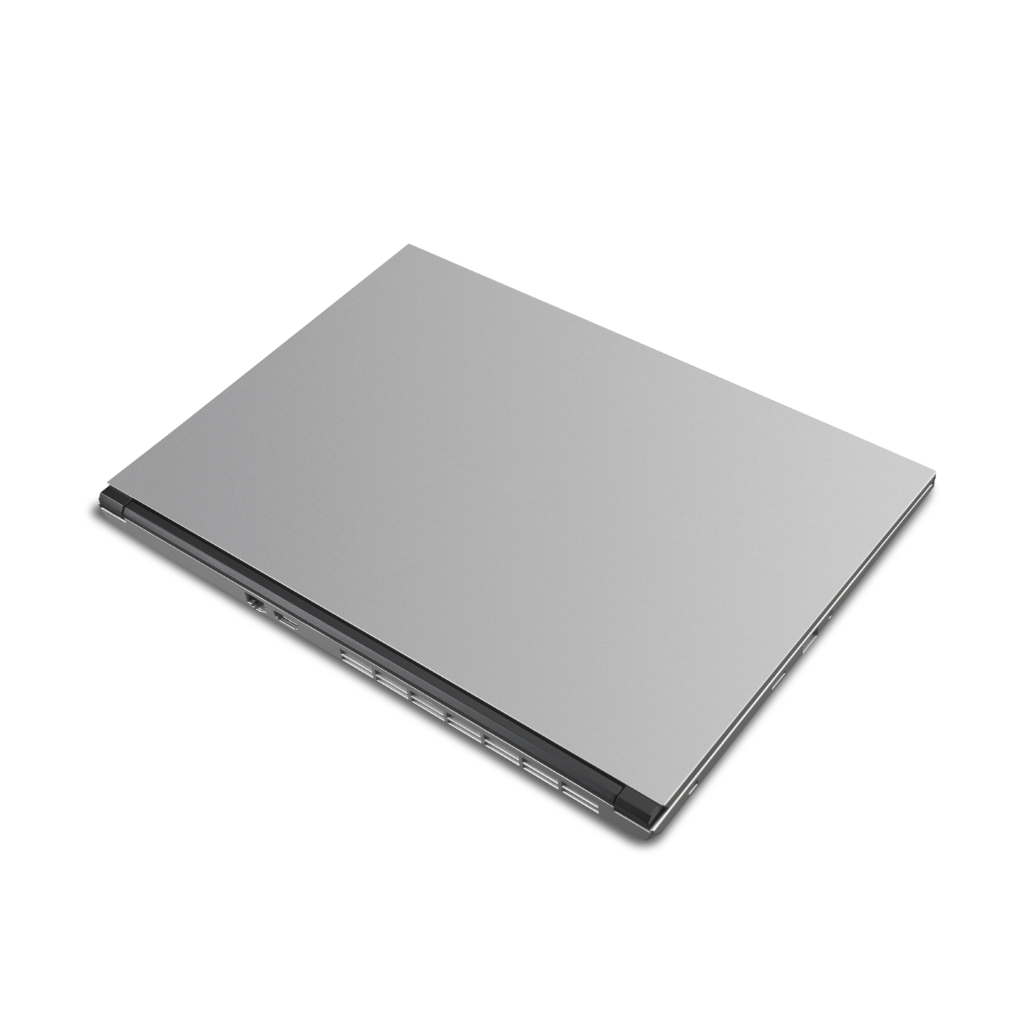 Falcon F-25a AMD Trading Laptop - Professional silver high-performance laptop for stock trading and financial analysis, featuring a sleek portable design for traders on the go.