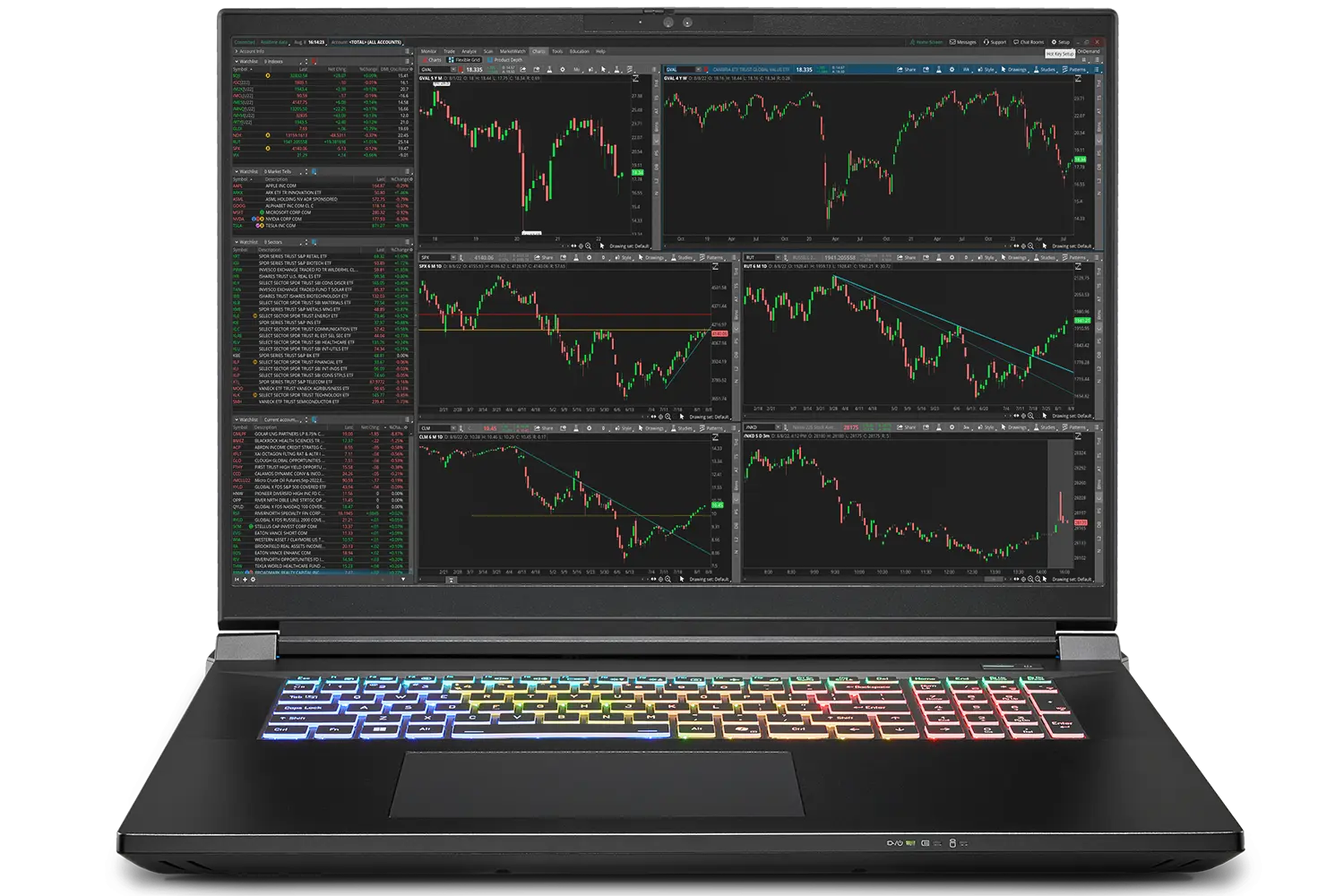 Falcon Trading Laptop | F-30 Extreme Multi-Monitor Powerhouse Falcon Preferred F-30 Extreme Trading Laptop displaying multiple stock charts with RGB backlit keyboard and multi-monitor trading setup.