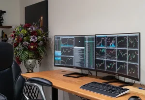 A professional day trading computer setup featuring dual monitors displaying stock market charts on a wooden desk.
