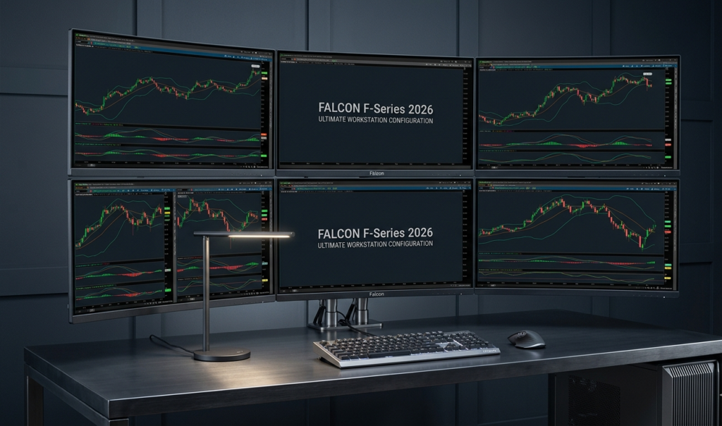 Ultimate Desktop Trading Workstation. A large multi-monitor Falcon trading workstation setup featuring six screens with professional charting software and custom text, framed by a thick orange right-side border.