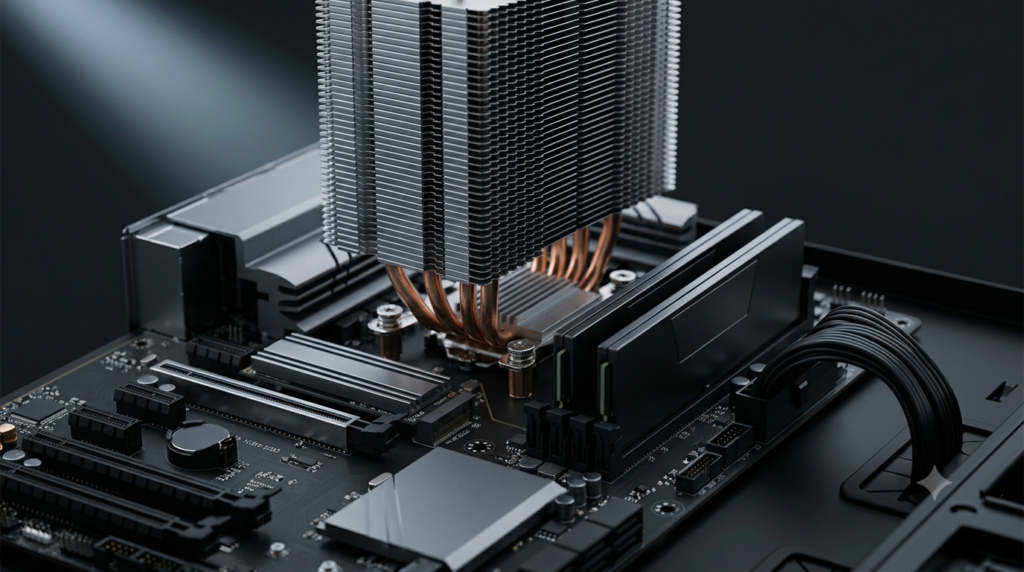 Close-up product photo of a high-performance Falcon trading computer interior featuring a large CPU cooler and DDR5 RAM.