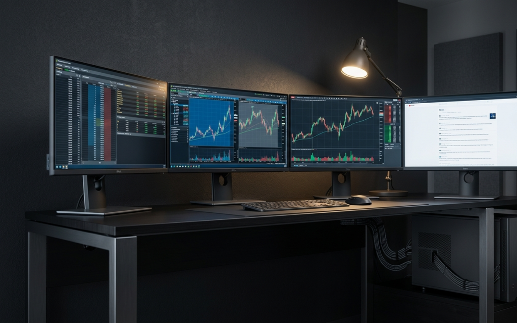 Professional multi-monitor Falcon workstation demonstrating trading computer optimization on a dark desk.