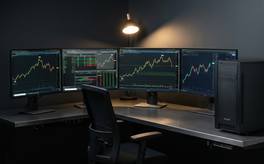 Multi-monitor Falcon trading workstation with four displays showing real-time candlestick charts on a dark professional desk.