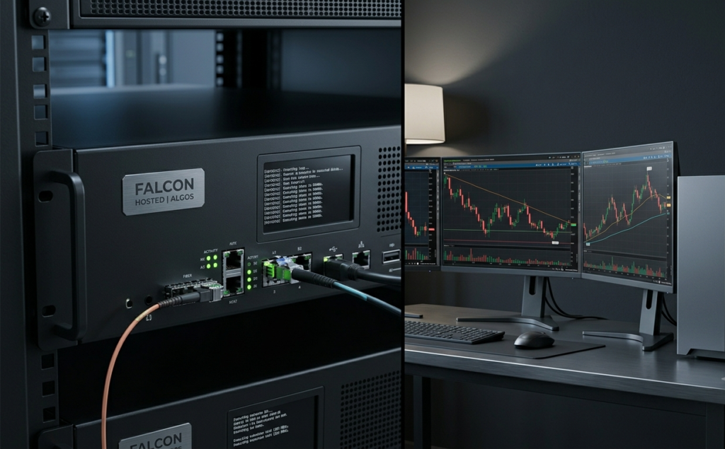 Data center server rack hosting a VPS for trading beside a local multi-monitor workstation. title: Trading VPS Server Architecture vs. Local Desktop Setup