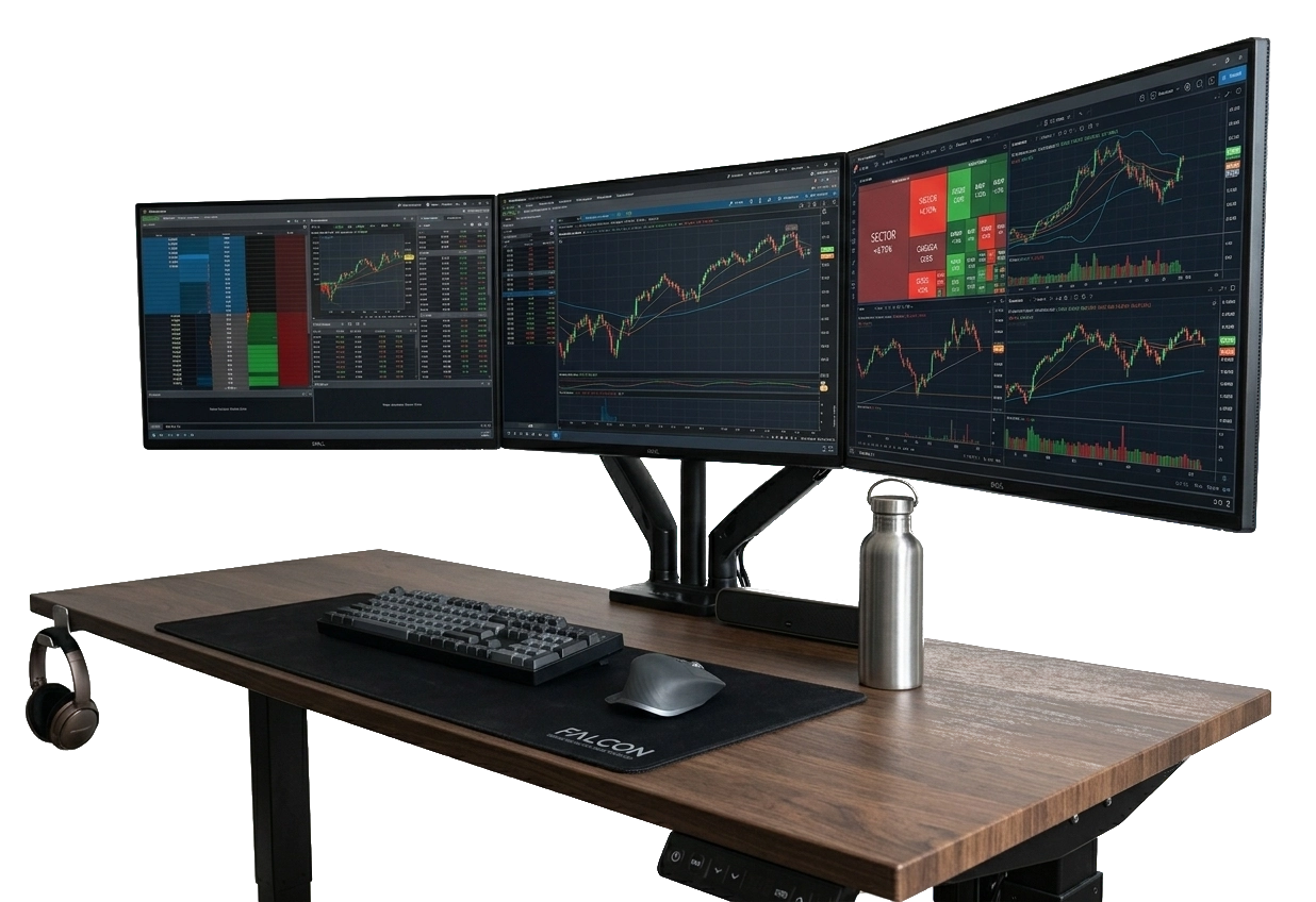 Angled Falcon Preferred triple-monitor workstation on standing desk, transparent background.