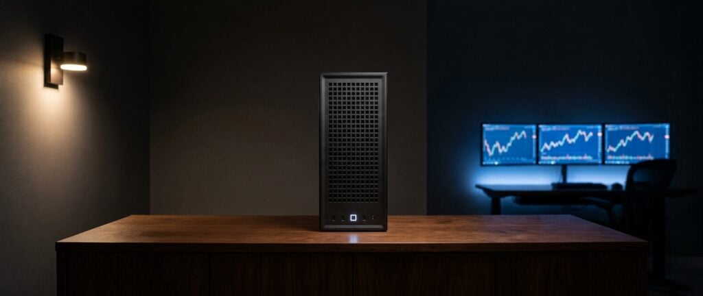 Headless Falcon E-1 AI Enclave on a shelf beside a trading desk