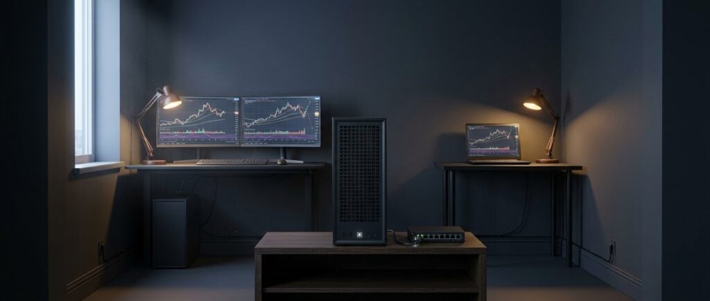 Falcon E-1 private AI server networked to two office trading desks