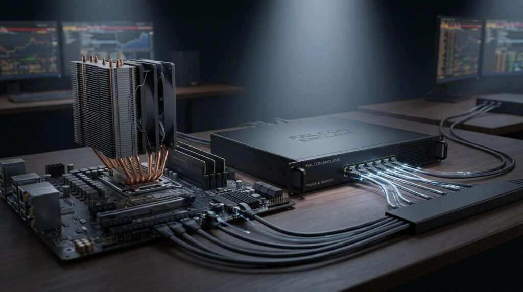 A Falcon AI Enclave server unit connected to a trading desk over the local network.