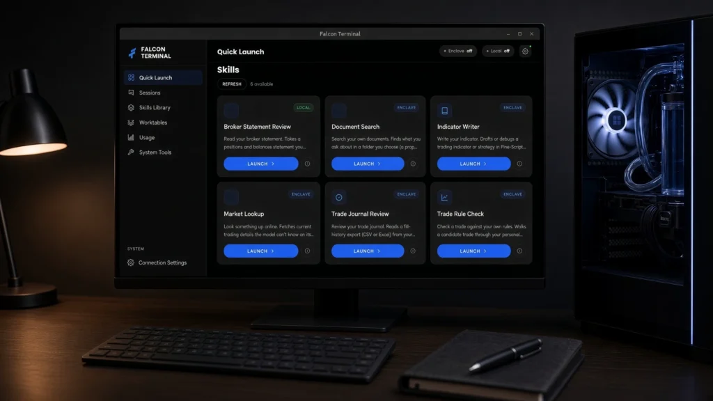 Falcon Terminal local AI trading tools open on a Falcon I-10 monitor