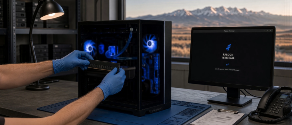 Falcon technician servicing an I-10 trading workstation in Laramie, Wyoming