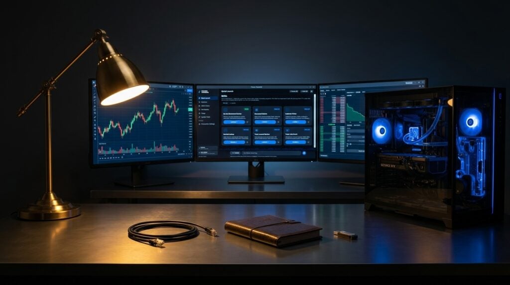 Offline Falcon I-10 running private AI beside trading charts, ethernet cable unplugged
