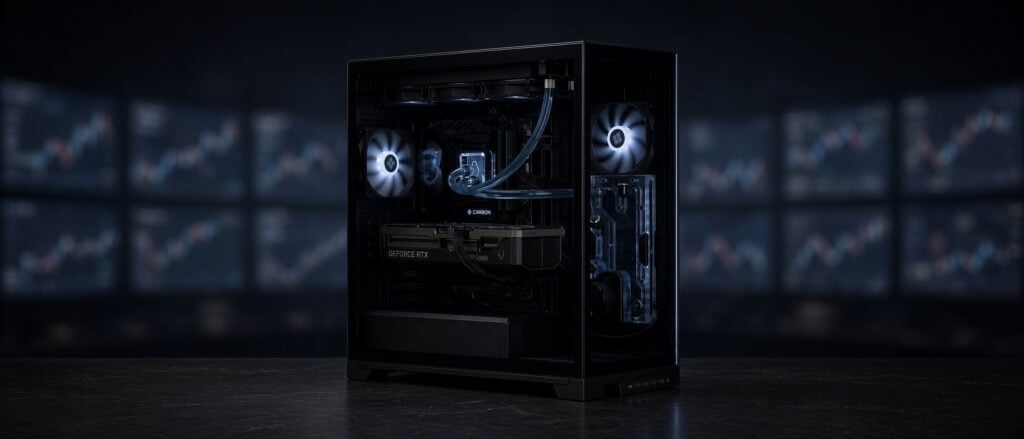 Falcon I-10 private AI trading workstation showing dual GPUs and liquid cooling