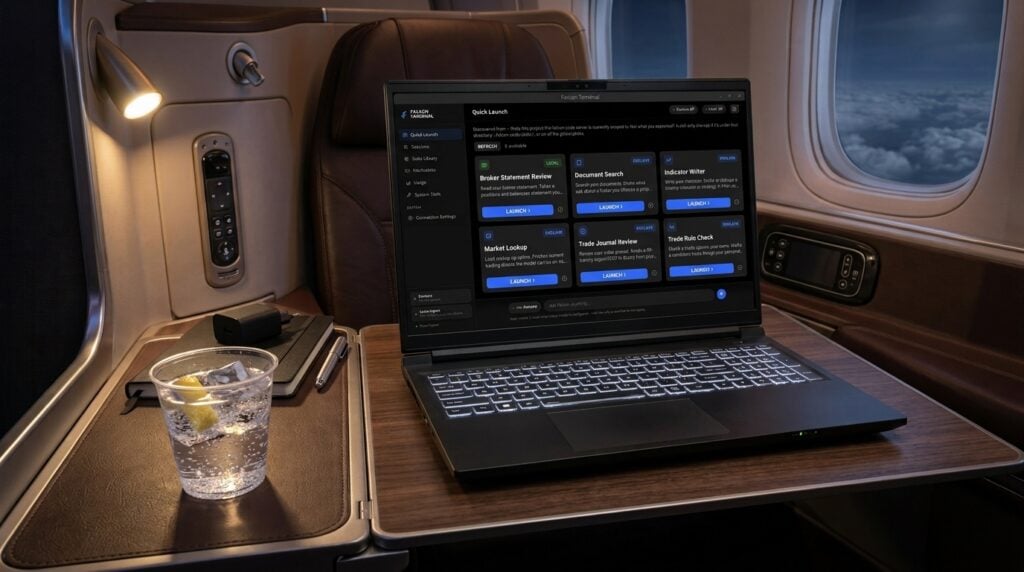 Falcon Terminal local AI trading tools open on a Falcon MI-12