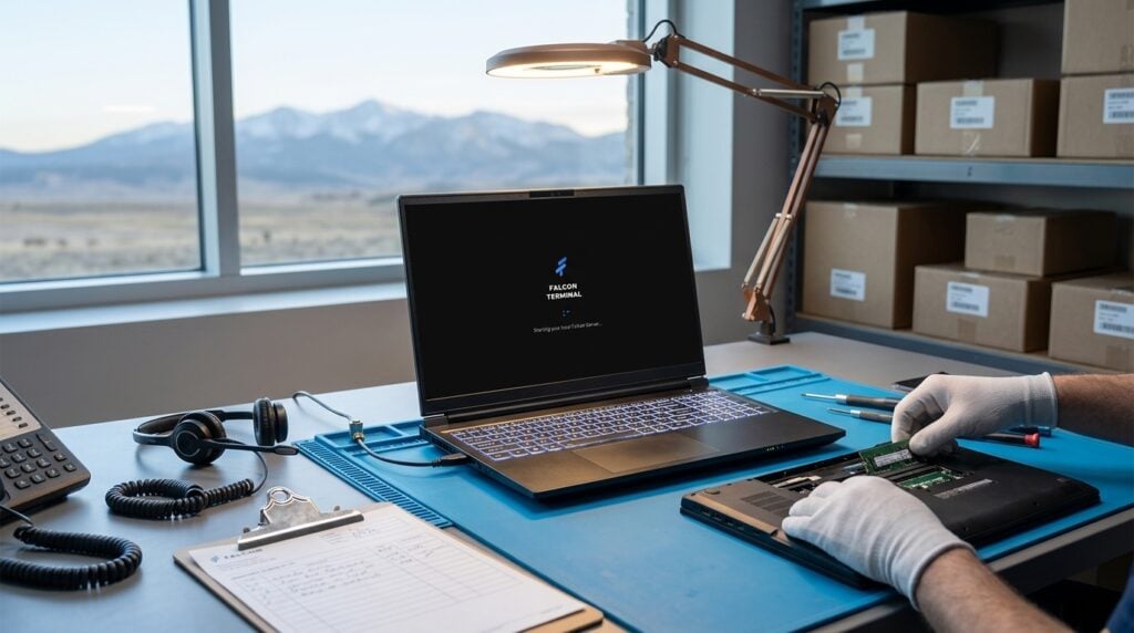Falcon technician testing an MI-12 trading laptop in Laramie, Wyoming