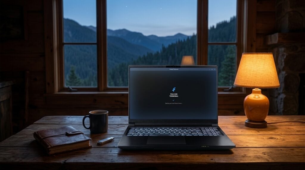 Falcon MI-12 running private AI offline in a remote mountain cabin
