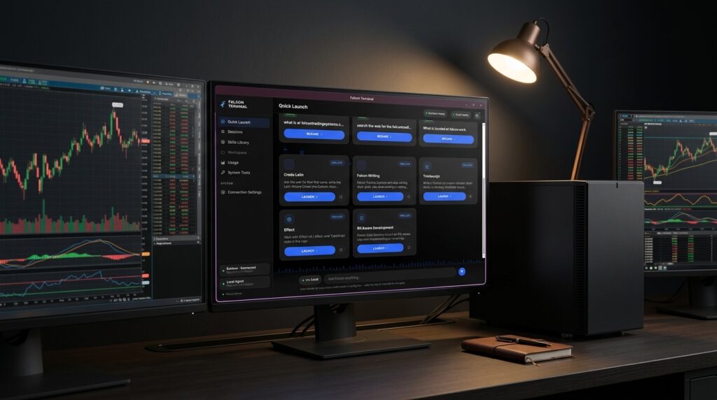 Professional multi-monitor desk setup featuring the Falcon Terminal AI assistant interface on the primary screen surrounded by candlestick chart displays and a minimalist computer tower.