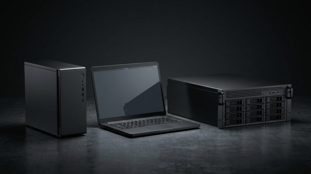 Studio product lineup featuring three matte-black Falcon computers arranged by size on a dark surface: a compact desktop tower, a mobile laptop, and an Enclave server rack unit.
