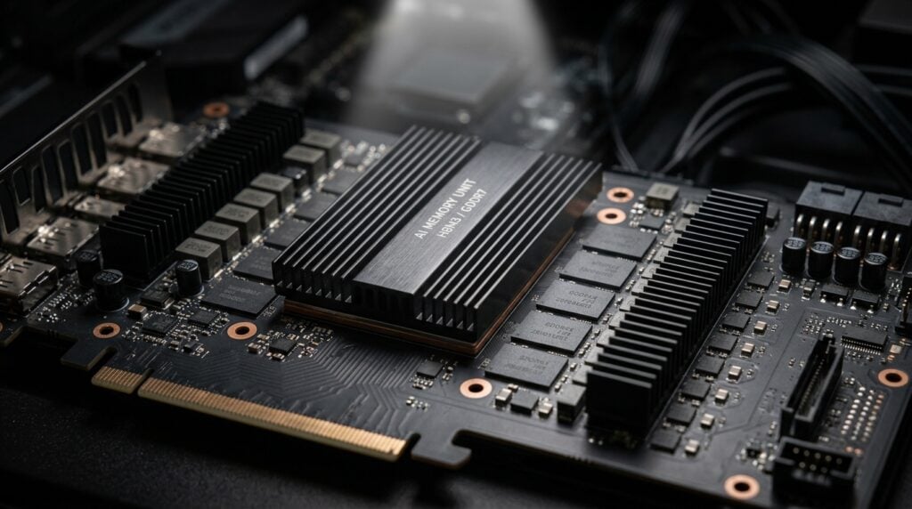 Close-up macro photograph of workstation GPU AI memory modules and heat spreader with gunmetal gray and copper accents.