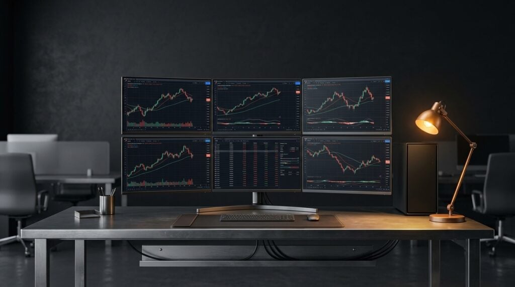 A six-monitor professional trading workstation with financial charts on a dark brushed-metal desk, illuminated by a warm lamp in a quiet office setting.