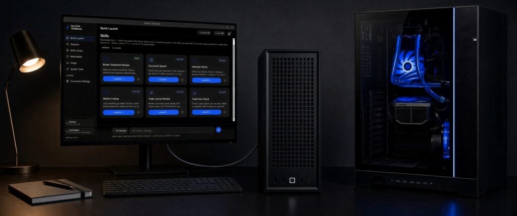 Falcon Terminal on a trading desk routing questions to a Falcon E-1